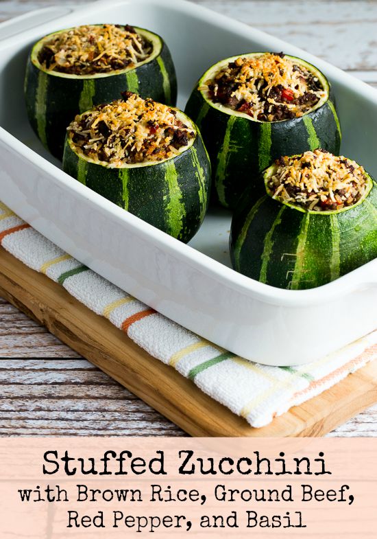 4 Stuffed Zucchini with Brown Rice, Ground Beef, Red Pepper, and Basil, with Variations (Gluten-Free)