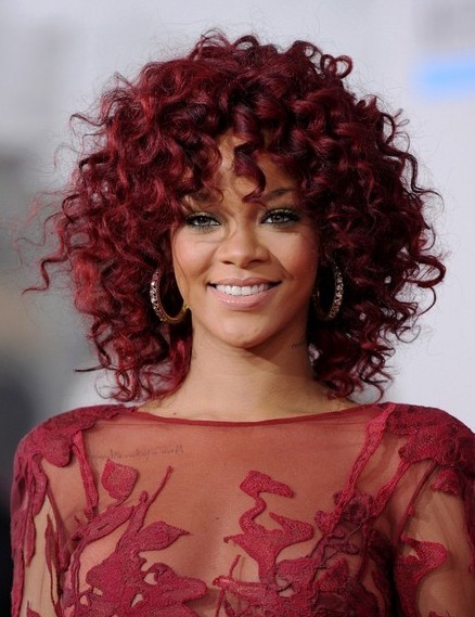 Top Rihanna Curly Hairstyles With Rihanna Medium Length Red Curly ...