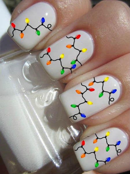 Christmas string lights painted on nails