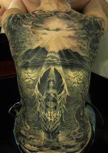 Angel Tattoo on back with clouds