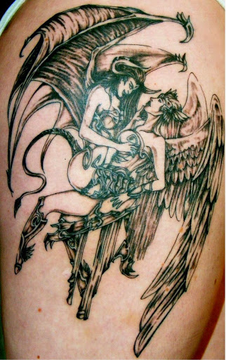 Angel and devil dancing tattoo design