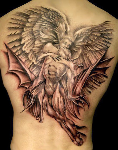 Angel kissing tattoo design on full back