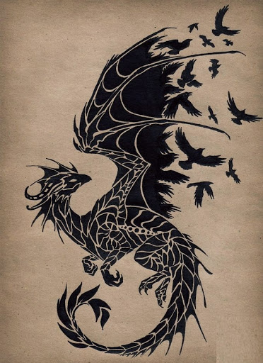 Awesome drawing outline picture of black dragon small birds are flying behind dragon