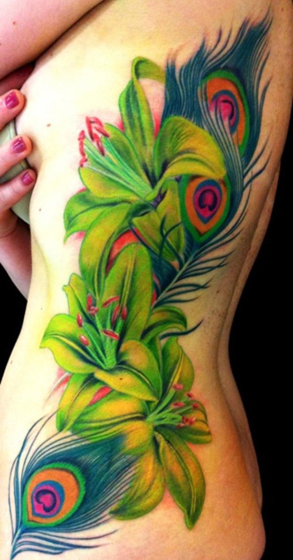 Peacock-Feather-and-Lily-Tattoo-on-Side