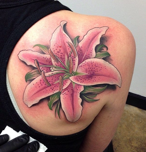 Realistic-pink-lily-on-back-tattoo