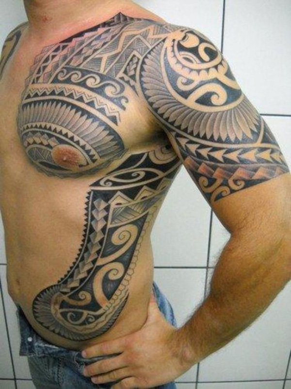 tribal-tattoo-on-chest-shoulder-and-rib